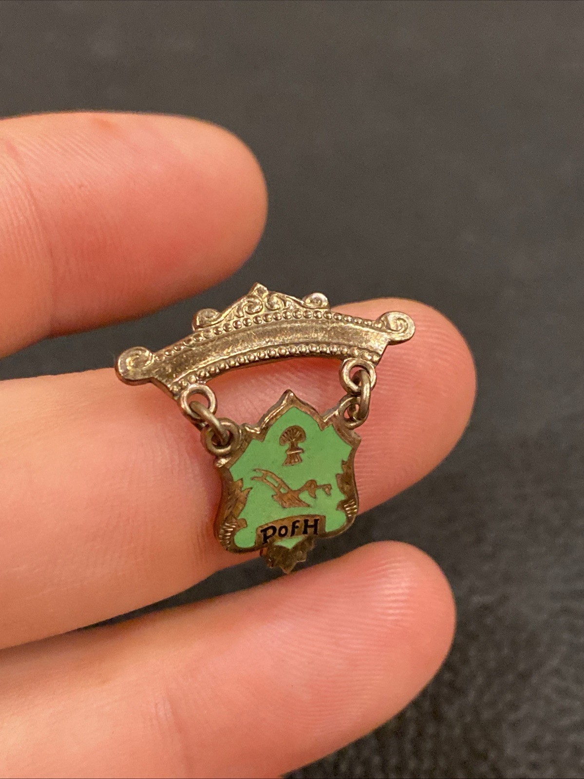 Vtg Antique P of H Patron Of Husbandry Green Enamel Dangle Shield Crest Logo Pin