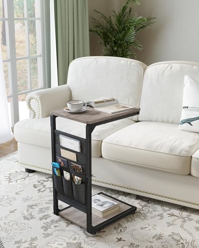 Narrow C-Shaped End Table with Storage Bag, Small Couch Side Table, 1 Greige