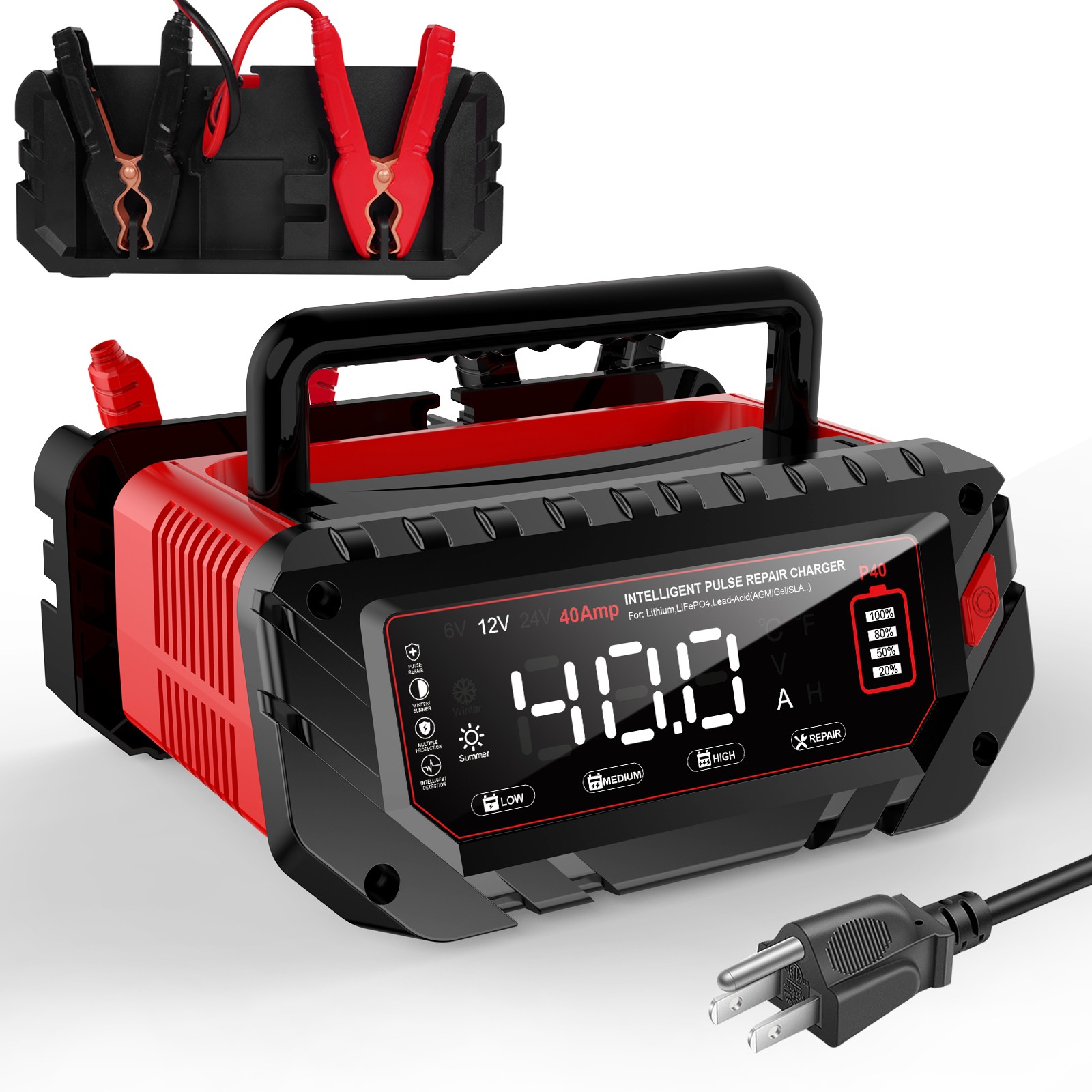 40-Amp Battery Charger, 12V/24V Lead Acid LiFePO4 Smart Battery Trickle Charger