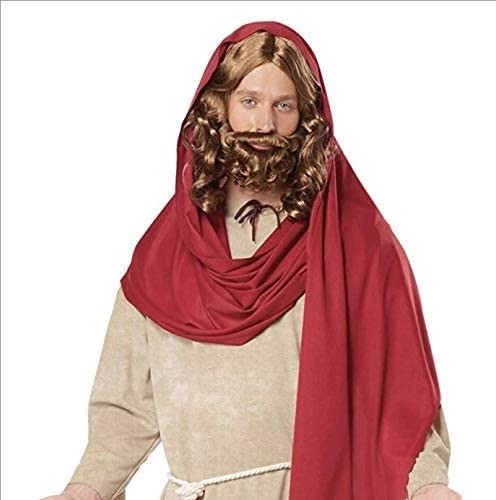 Jesus Wig and Beard Costume Set – Brown Curly Hair & Full Beard – Biblical