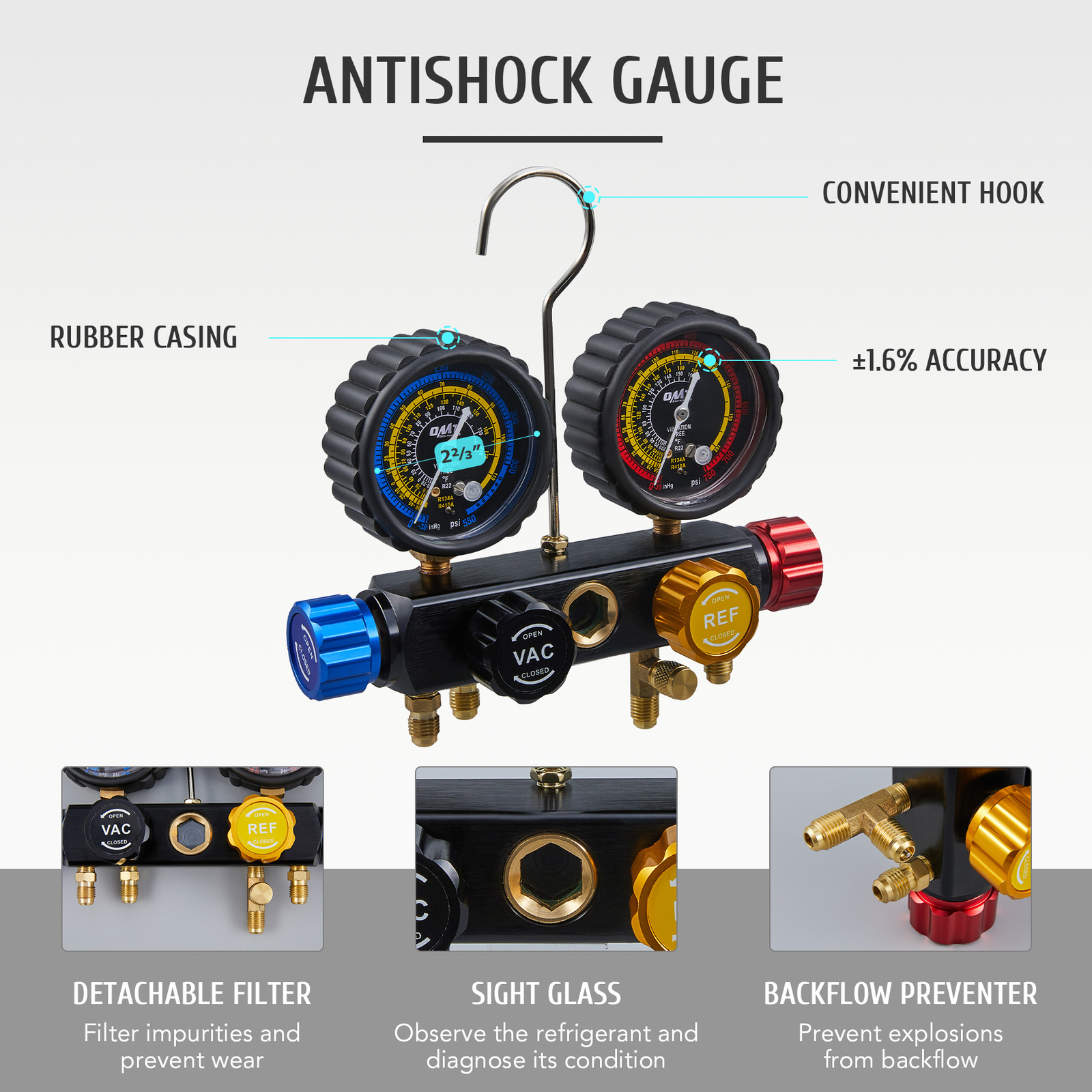 OMT 4 Way AC Gauge Set Professional A/C Manifold Gauge Kit for R410a R22 R134a