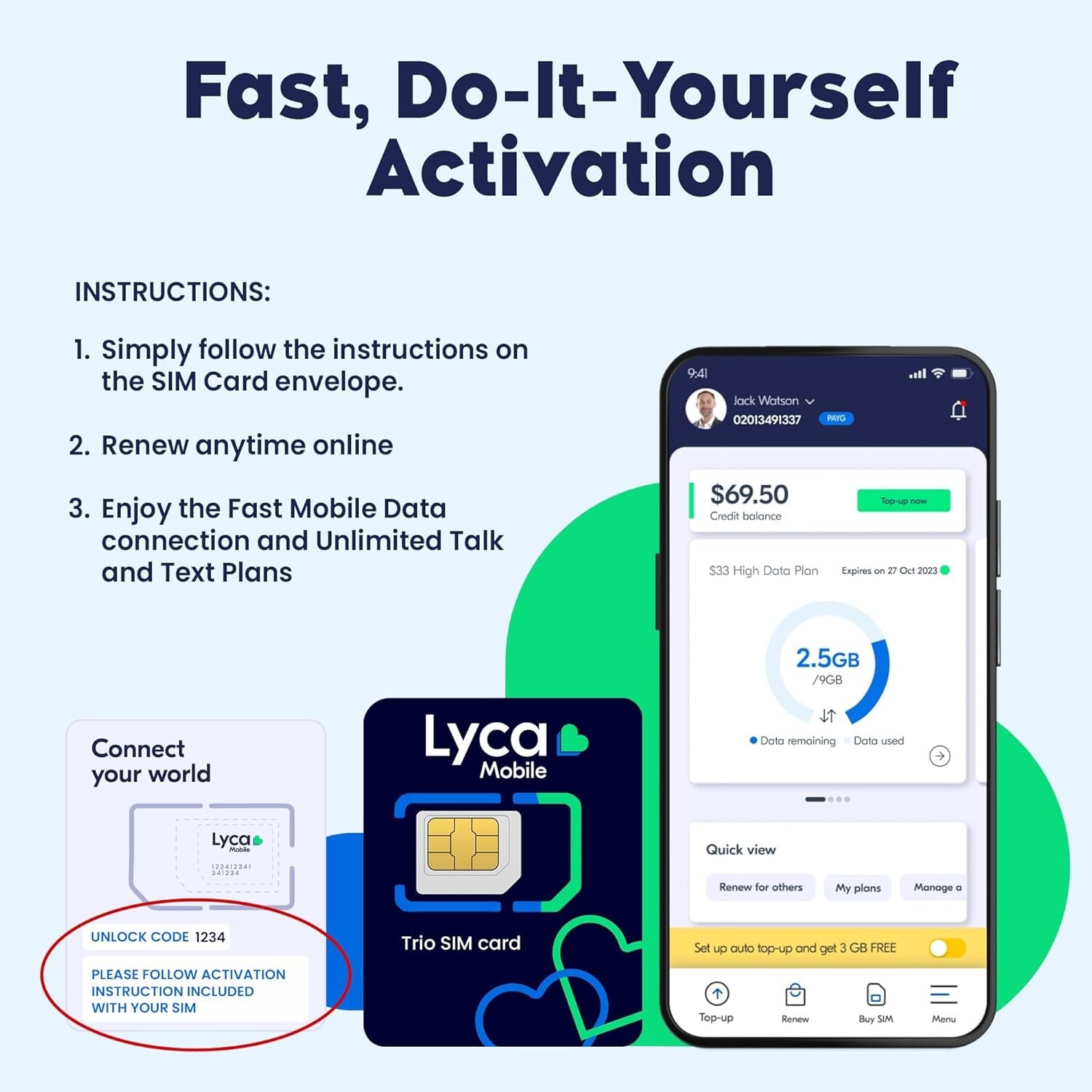 Lycamobile Prepaid SIM Card 3GB 4G/5G Unlimited Data-Talk, Text to 100 Countries