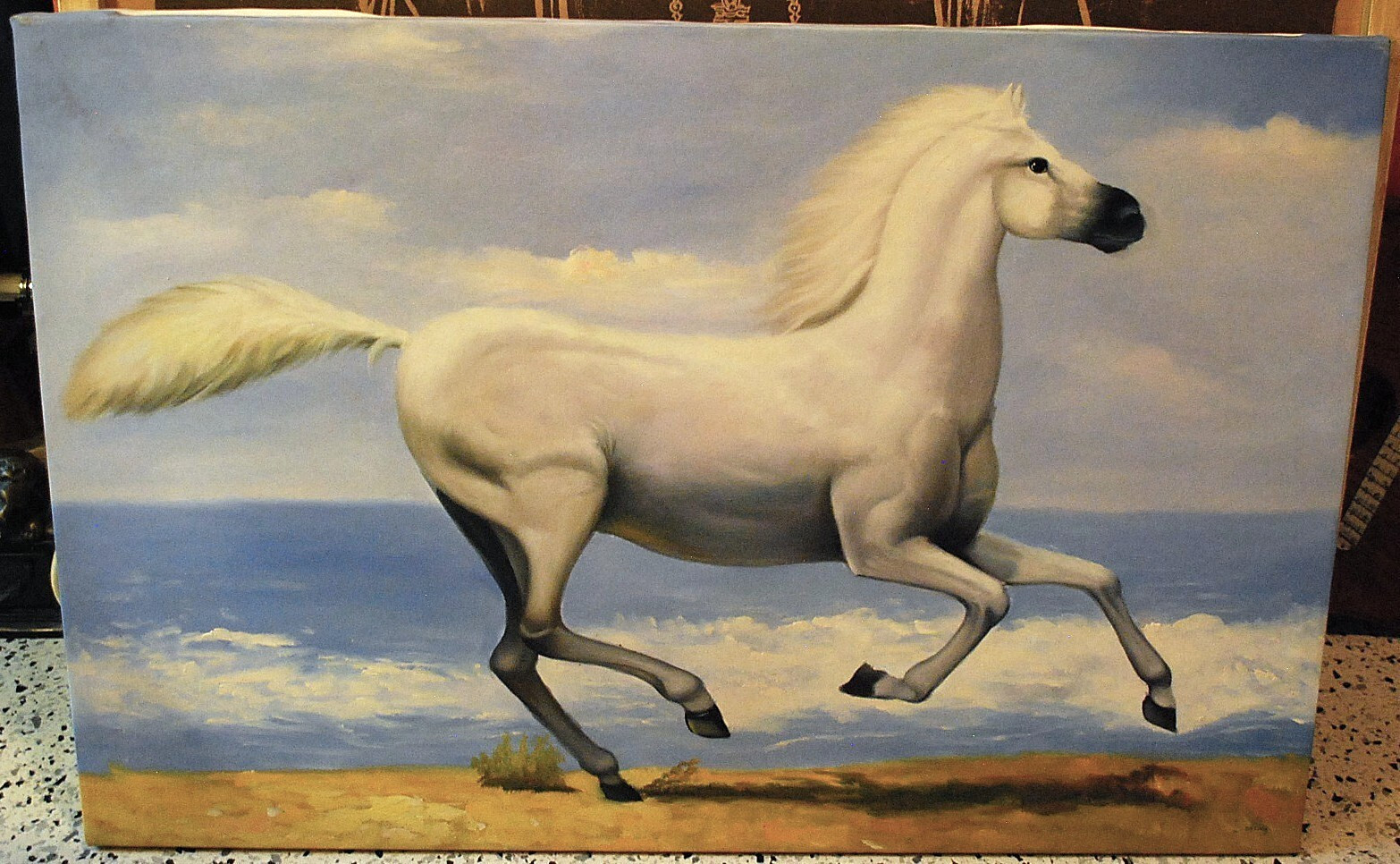 HORSE RUNNING ALONG OCEAN Original Art ACRYLIC PAINTING/CANVAS Signed 36" x 24"