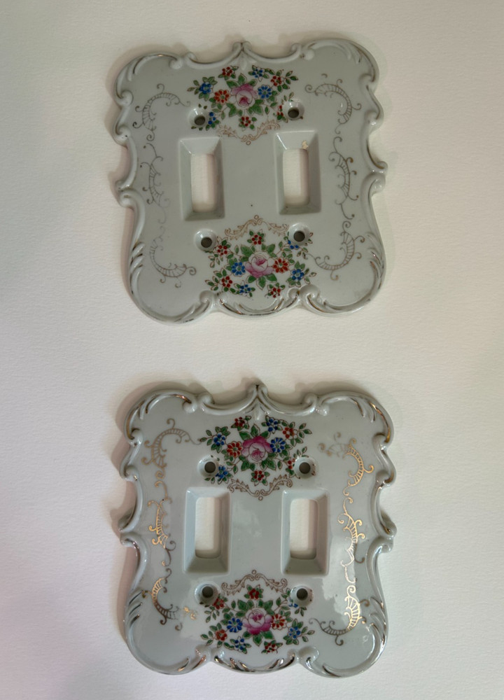 Two (2) Mid-century German Porcelain Double Light Switch Covers