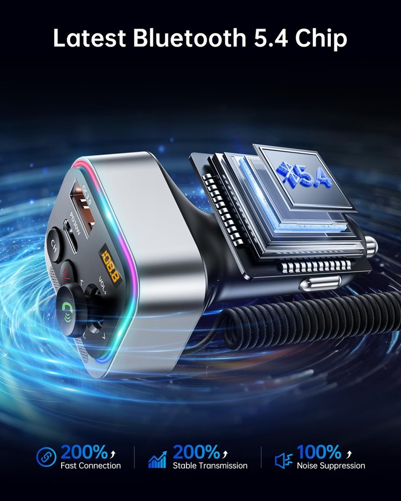 Syncwire Bluetooth 5.4 FM Transmitter Car Adapter 66W PD & QC 3.0 Fast Chargi...