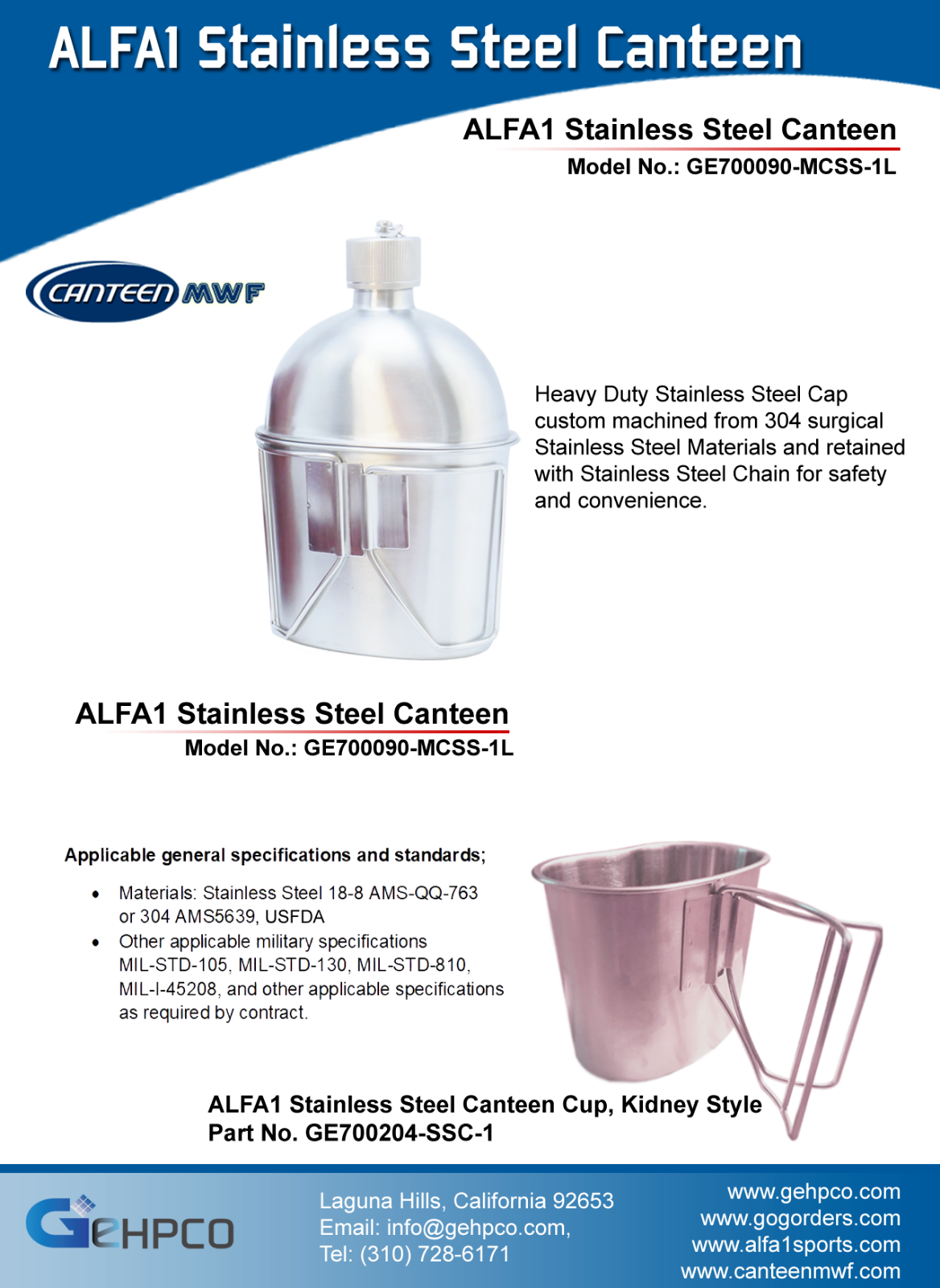 ALFA1 Military Stainless Steel Canteen & Kidney Style Cup
