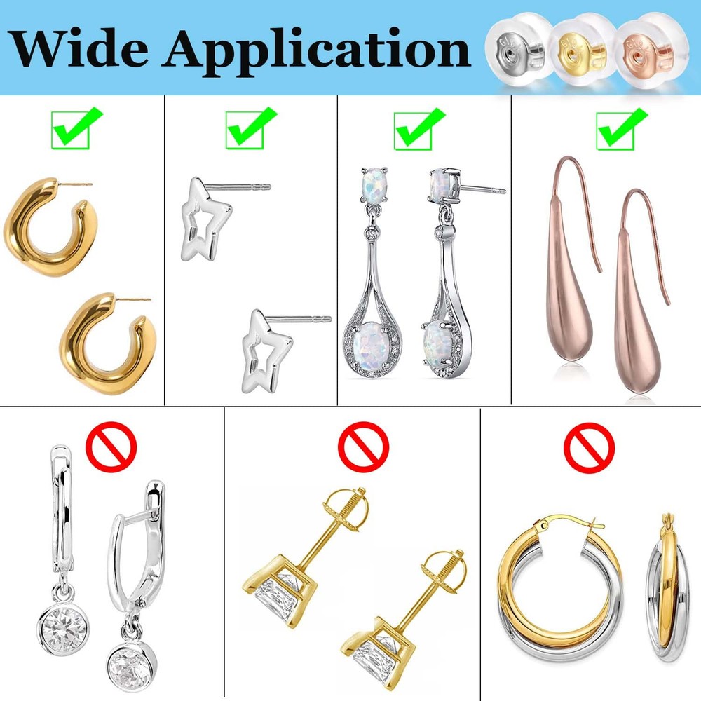 Earring Backs 18K Gold Locking Secure Earring Backs for Studs, 18K Gold Silic...