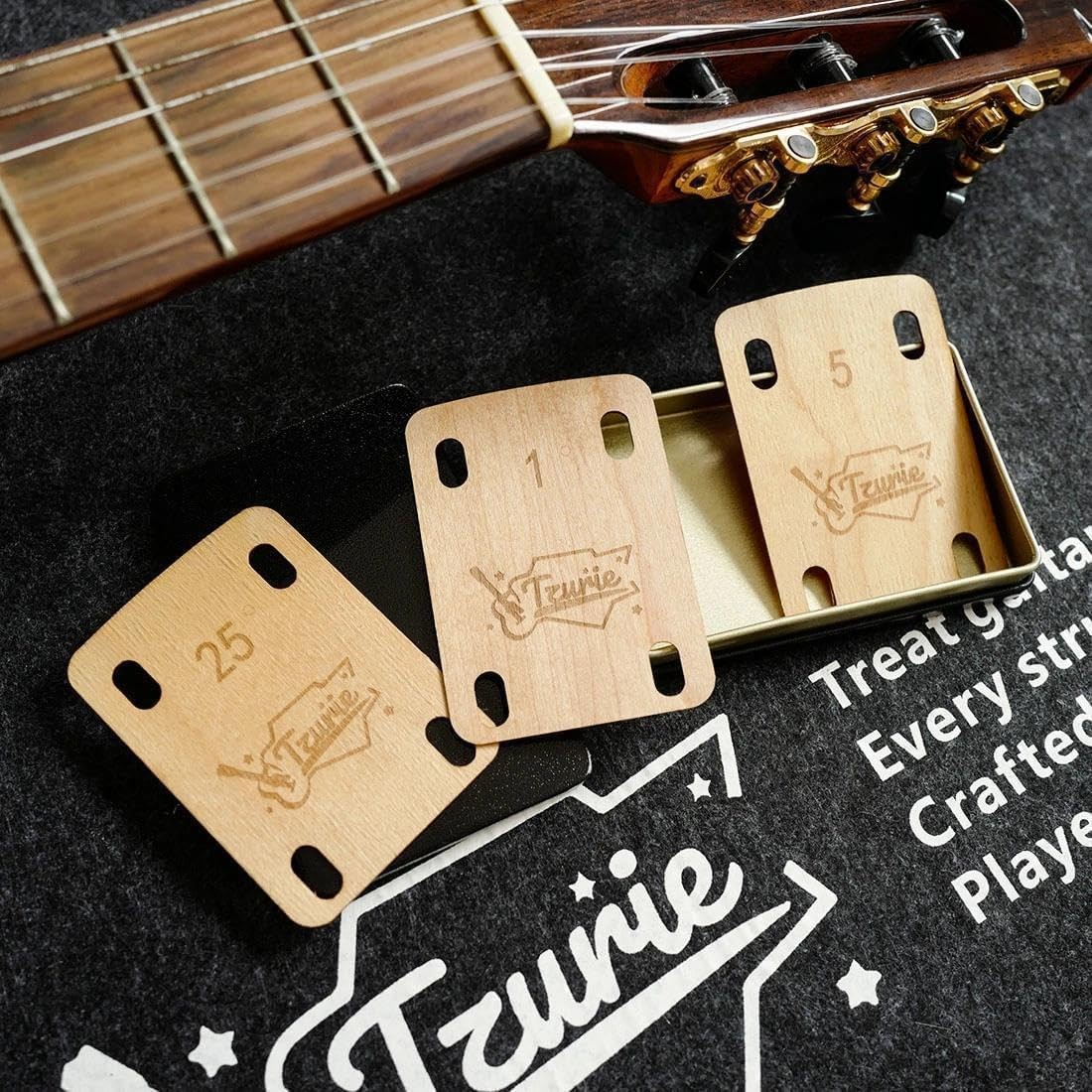 Electric Guitar Neck Shims Set of 3 -0.25°, 0.50°, 1.00° - Solid Maple