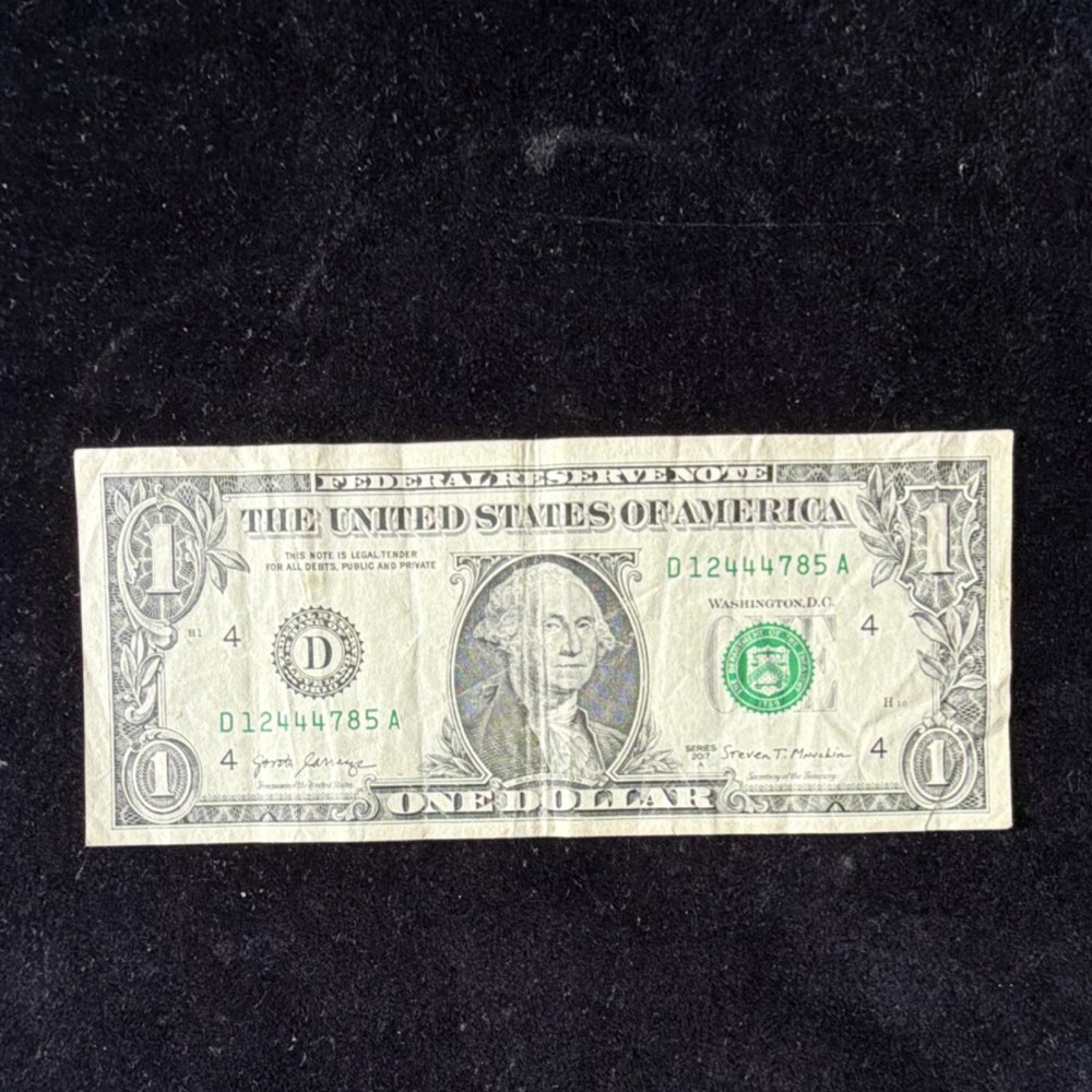 $1 US Dollar Bill Error Note D12444785A Misaligned Printing step ladder three 4s