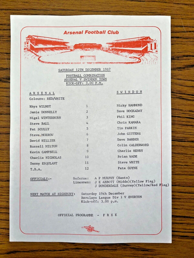 Arsenal vs Swindon Matchday  Programme/Teamsheet, 12/12/1987