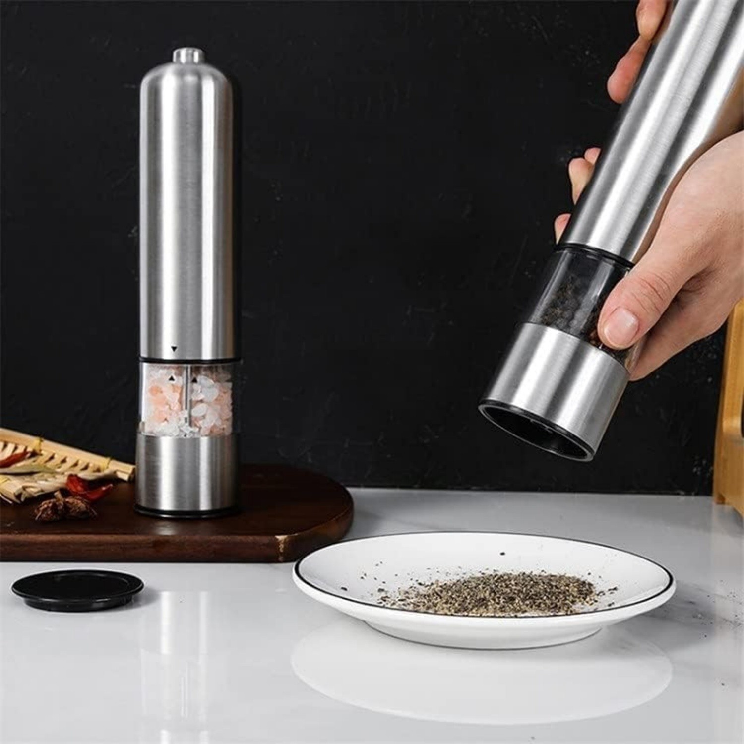2x Light Up Electric Salt & Pepper Mill Stainless Steel Electronic Grinder Pots