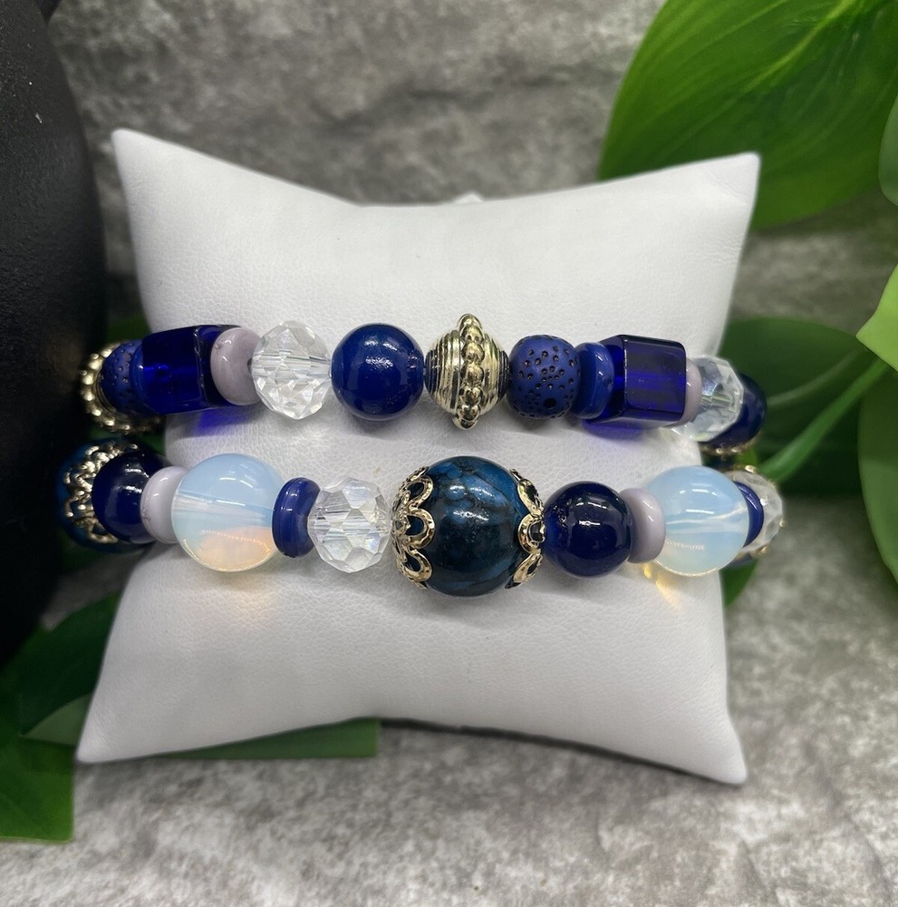 2 PC Handmade Bohemian Beaded Stackable 7” Plus Stretch Bracelet Set New B1678