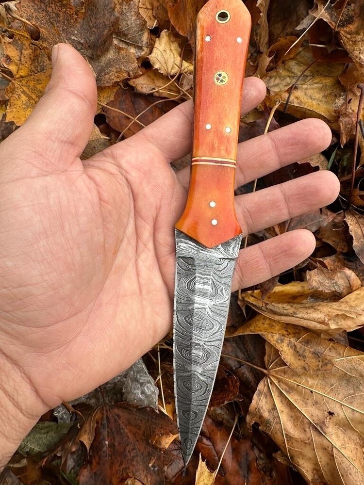 Custom Double-Edged Damascus steel Dagger boot Knife Hunter Camel Bone Handle