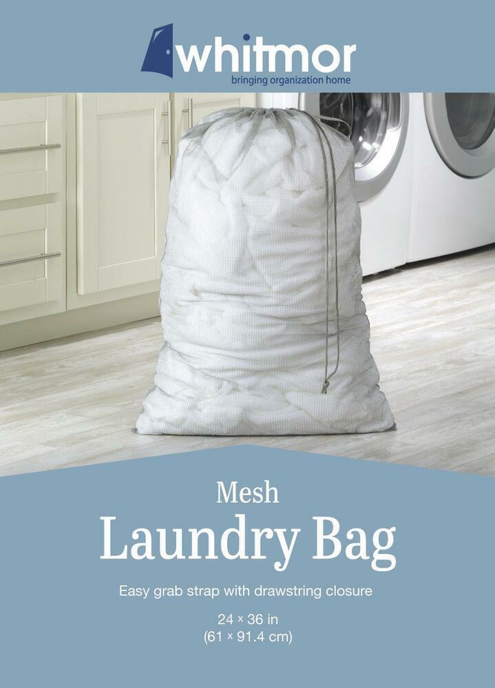 Whitmor Paloma Gray Mesh Laundry Bag 24"x36" Easy Grab Strap Drawstring Closure