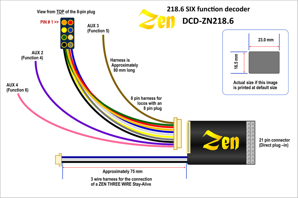 DCC Concepts DCD-ZN218.6S Zen Black Shuttle Pack 21 & 8-Pin 6 Function Decoder