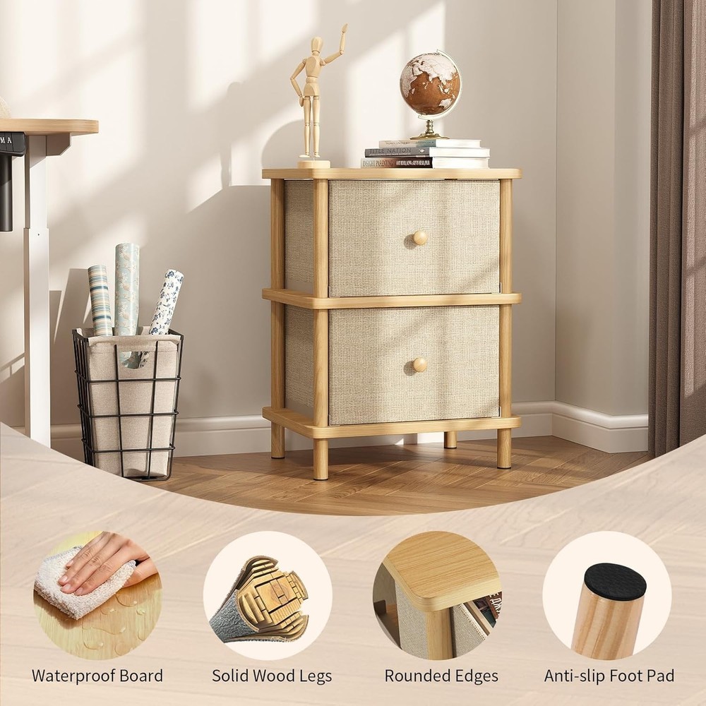Nightstand W/ 2 Storage Drawers Boho Side Table W/ Solid Wood Legs End Table