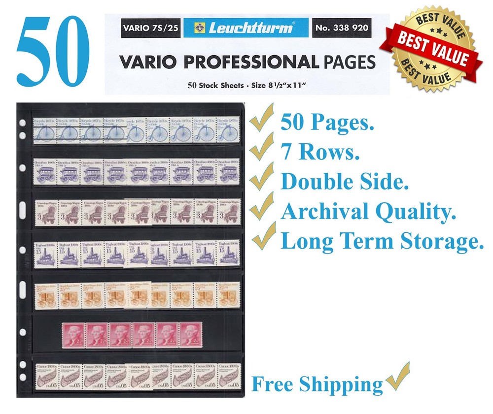 50 Lighthouse Vario 7S Stamp Stock Pages 7 Rows Double Side Archival Sheets