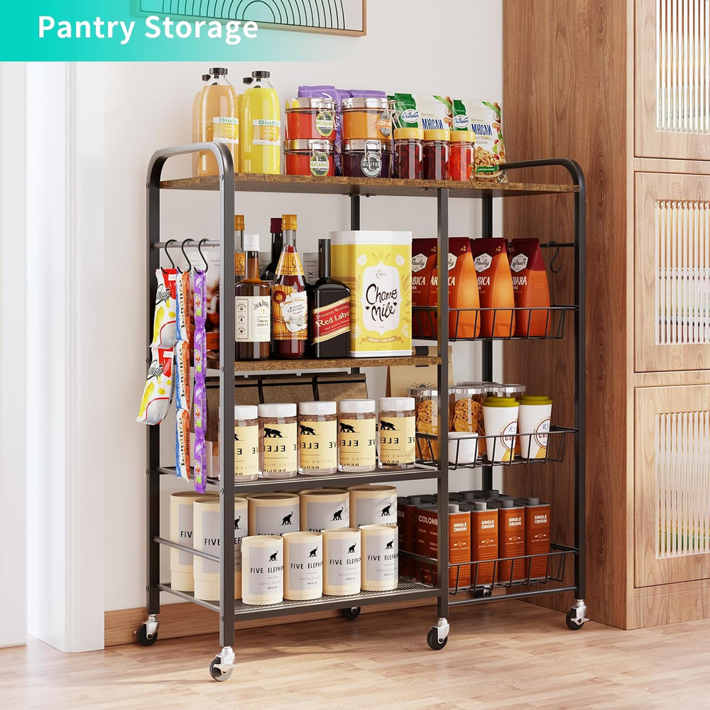 Rolling Kitchen Microwave Cart - 4 Tier Microwave Table Stand with Pull-Out Bask