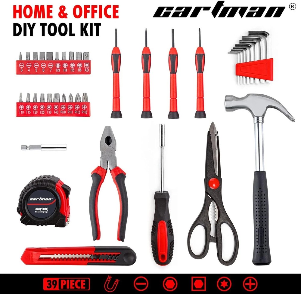 CARTMAN 39piece Tool Set General Household Kit with Plastic Toolbox Red
