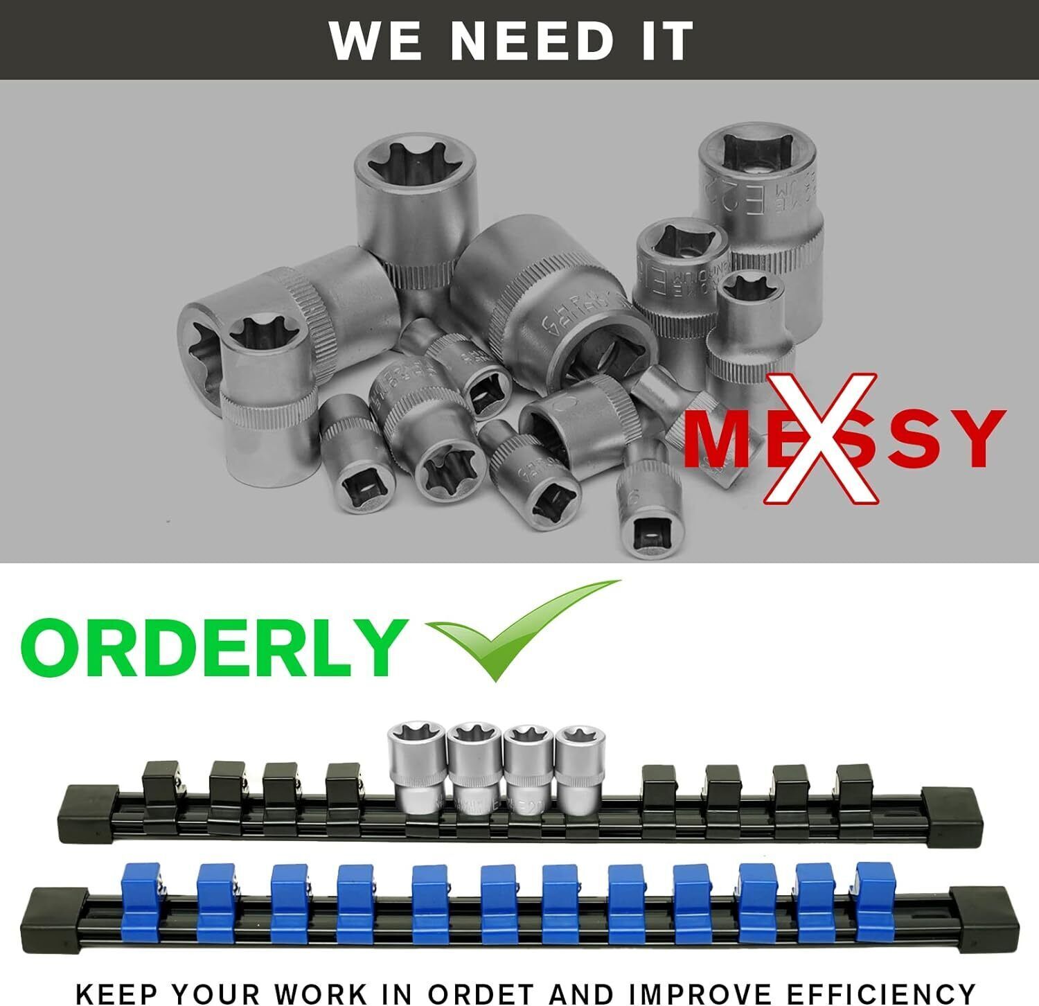 9PC ABS Socket Organizer 1/2 3/8 1/4 inch Drive Socket Rail Holders Wall Mount