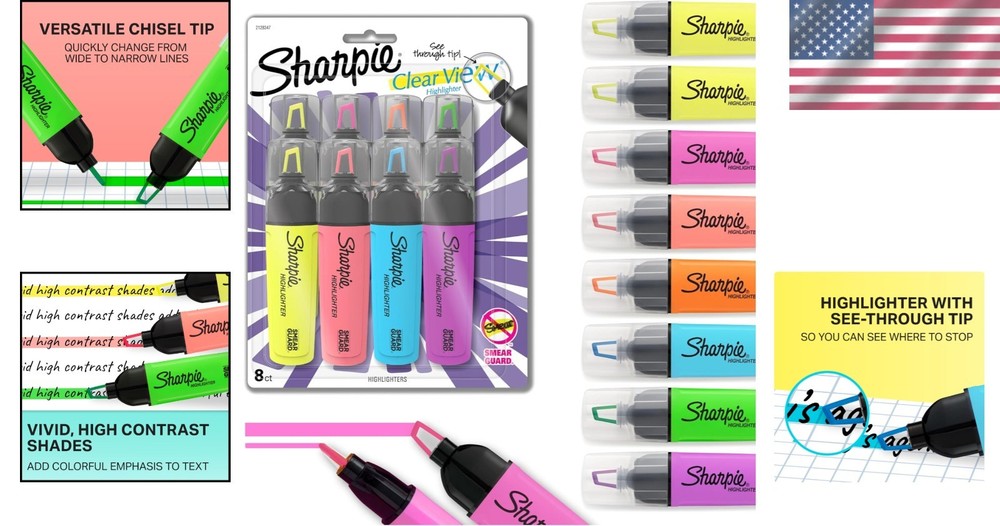 Clear View Highlighters Set - 8 Assorted Colors
