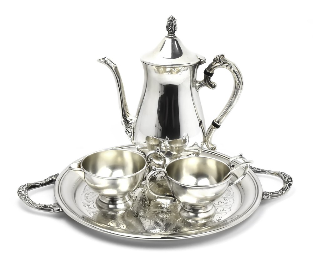 Silver Plate Tea / Coffee Set Pot, Creamer, Sugar Bowl, Spoon on Tray – SLV267