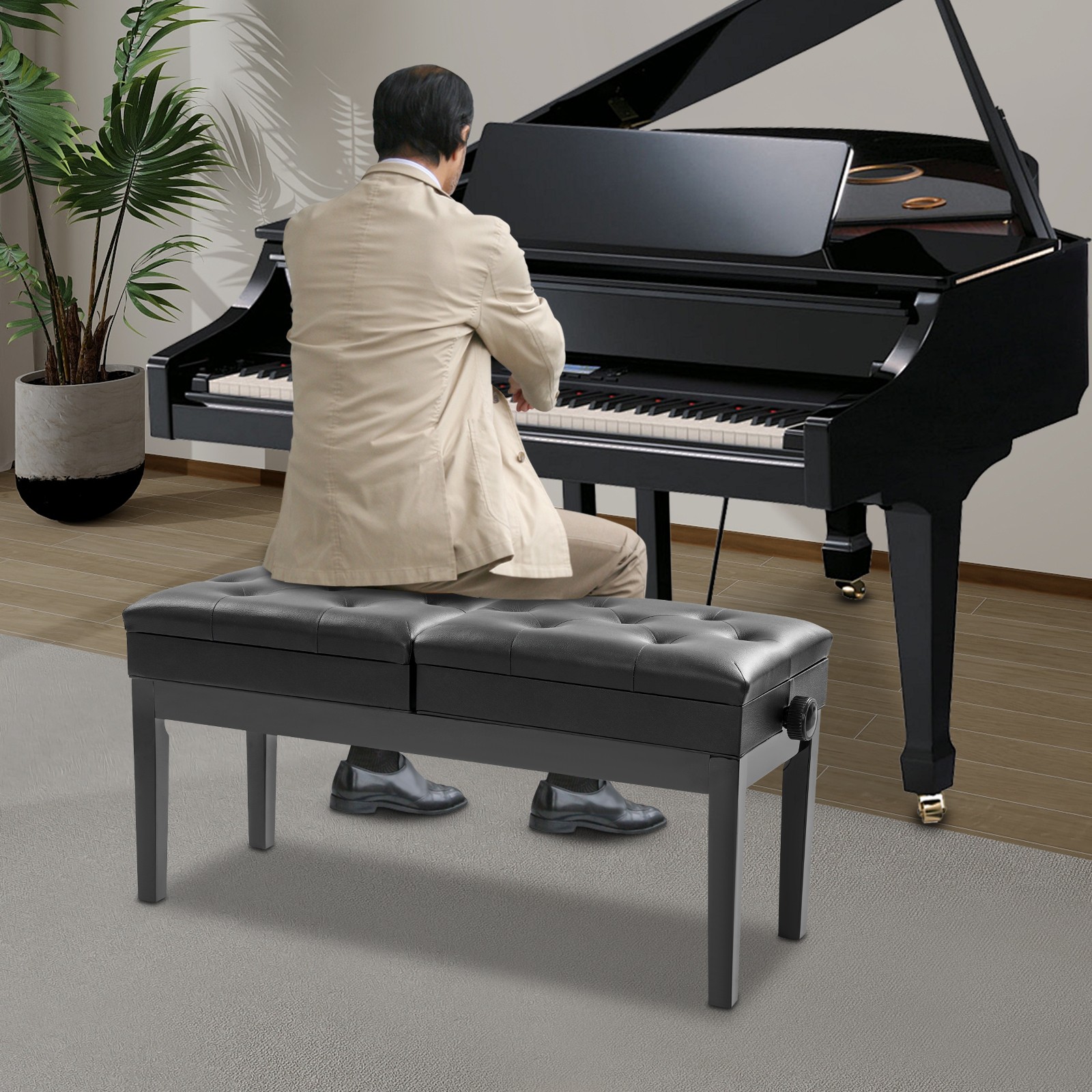 Double Seater Piano Bench Adjustable Duet Piano Bench w/ Storage Box 200 kg max.