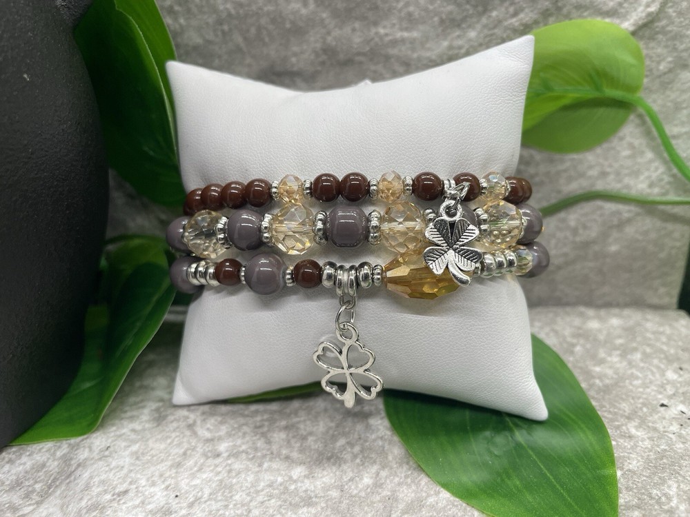3 PC Handmade Boho Beaded Stackable 7” Plus Stretch Bracelet Set Clover B2503