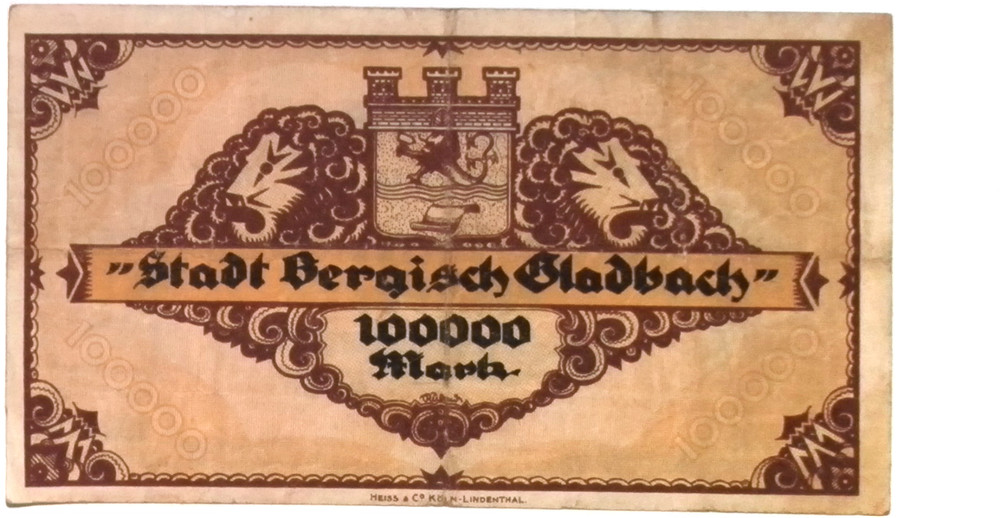 1923 Germany GLADBACH 100.000 Mark Banknote