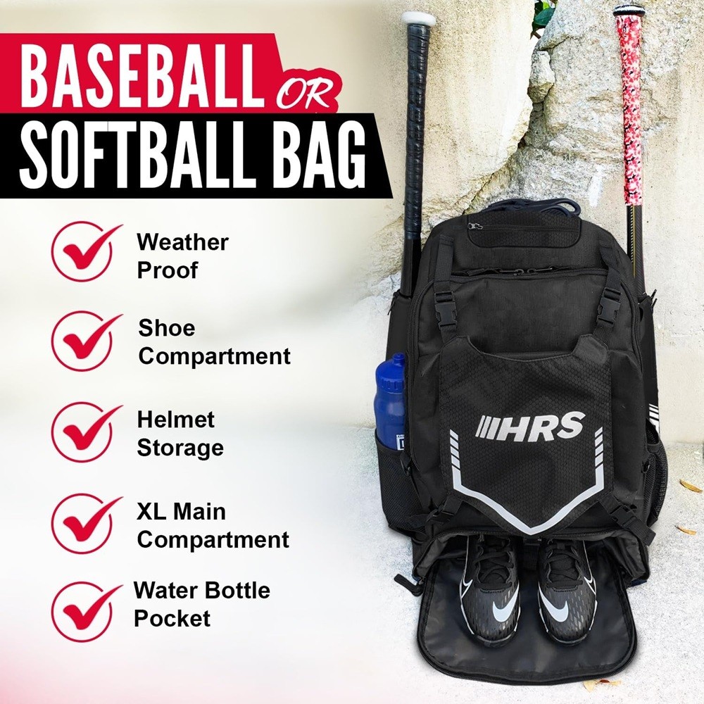 Hit Run Steal Bat Bag Backpack Holds 4 Bats Gloves Helmet and Cleats Black
