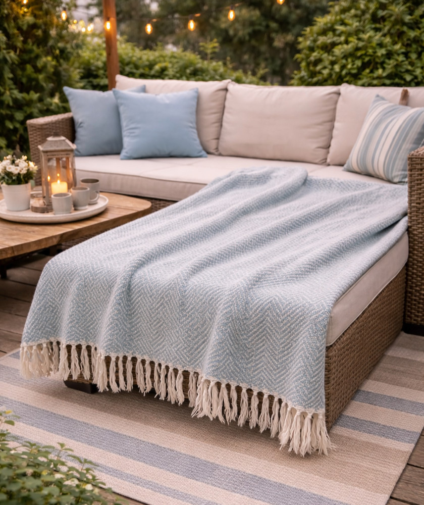 New Soft Throw Blanket Light Blue & White Herringbone Pattern with Tassel BLU-9