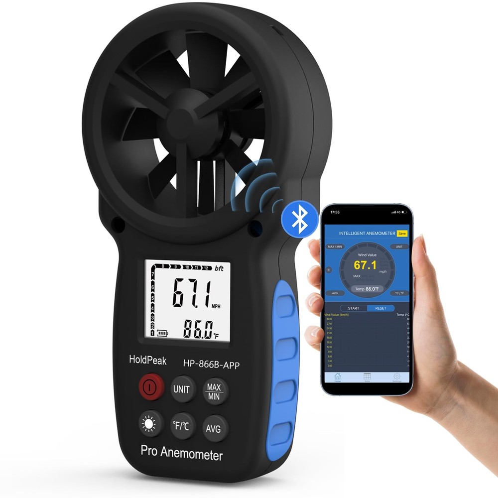 HoldPeak Handheld Anemometer Bluetooth, Digital Wind Speed Gauge Meter, Flow ...