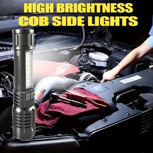 Rechargeable Tactical Flashlight Zoom 5 Modes Red Blue Warning Light USB C Light