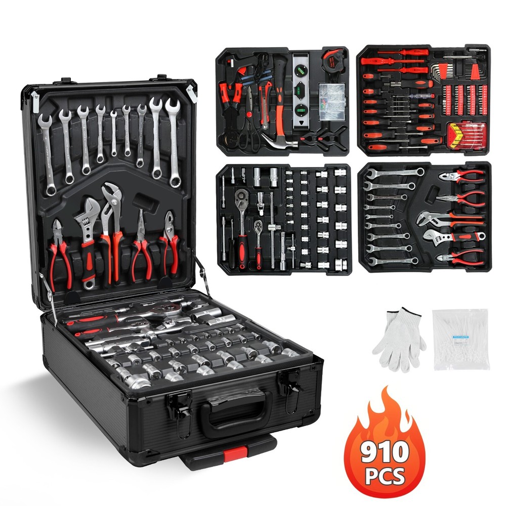 910-Pc Pro Tool Set w/4-Drawer Rolling Case - Complete Home & Auto Kit, Black