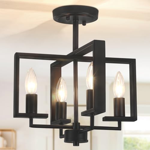 4-Light Semi Flush Ceiling Light, Modern Industrial Light 4 Light Black