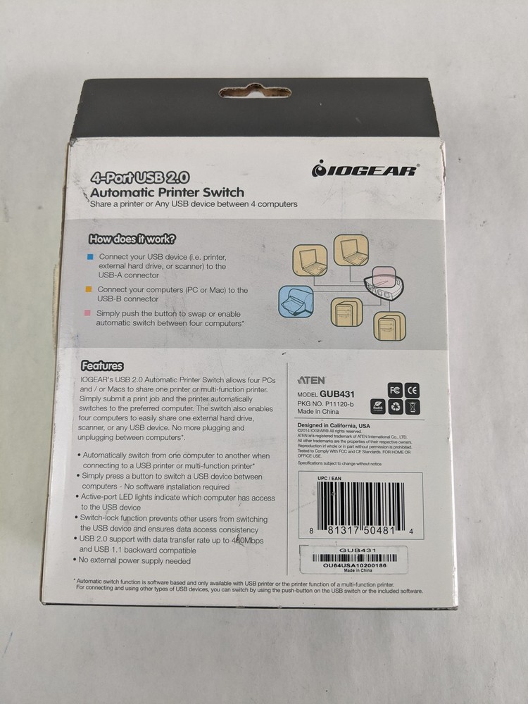 New IOGear GUB431 4-Port USB 2.0 Automatic Printer Switch