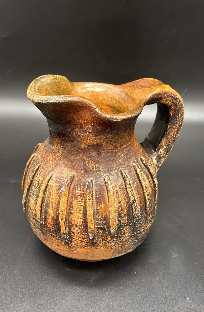 Rustic Primitive Glazed Pottery Small Jug Pitcher Raised Ridges 6”