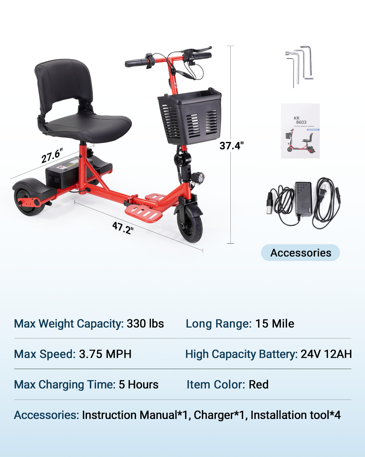 3 Wheel Electric Scooter for Adults, 15 Mile Range & 330 lb Capacity