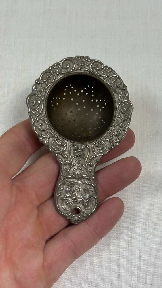 Ornate Metal Tea Strainer with Stand, Silver Brass, Germany, Round Pattern