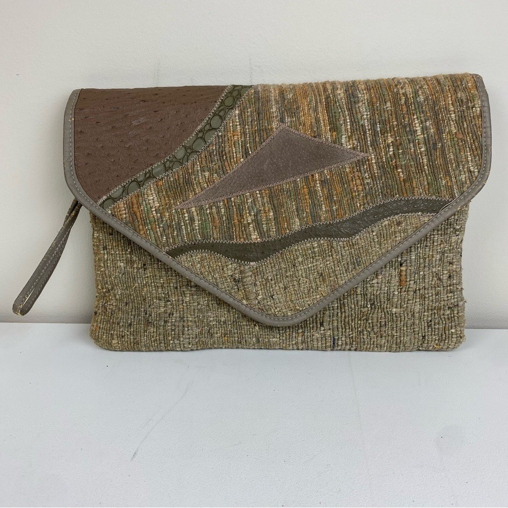 Vintage 80s Bagland Faux Leather Tapestry Patchwork Large Clutch Purse Wristlet