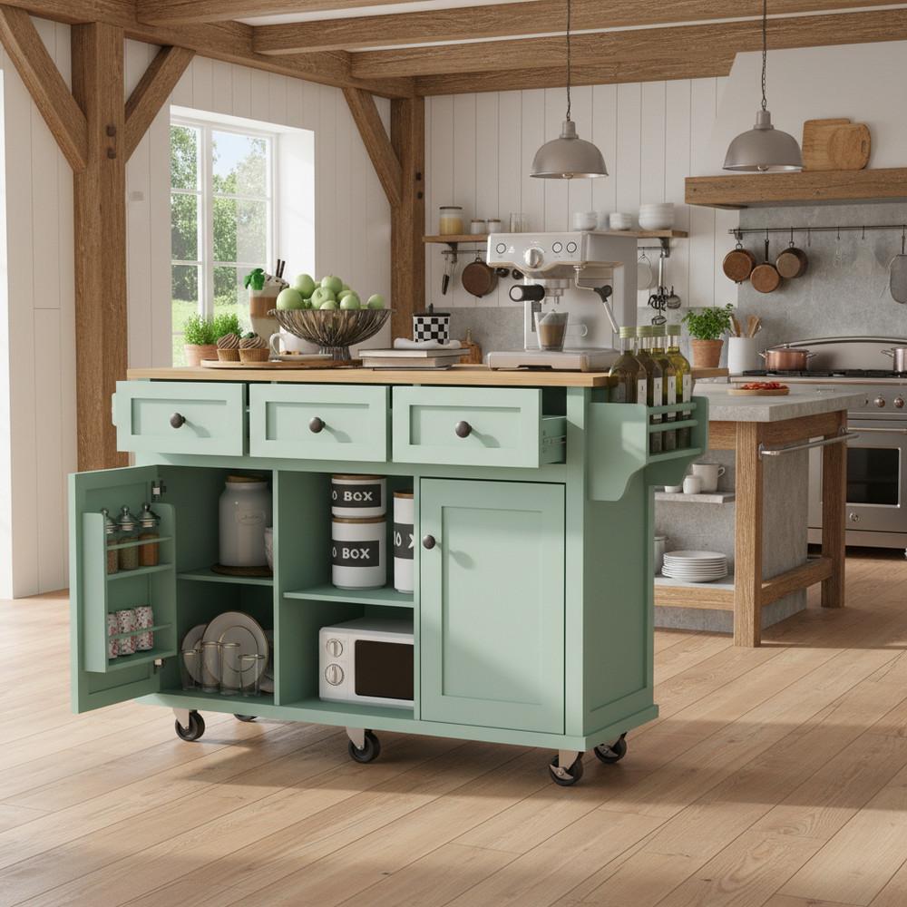Homy Casa Java 53" Rolling Kitchen Island with Drop Leaf Rubberwood Top and Stor