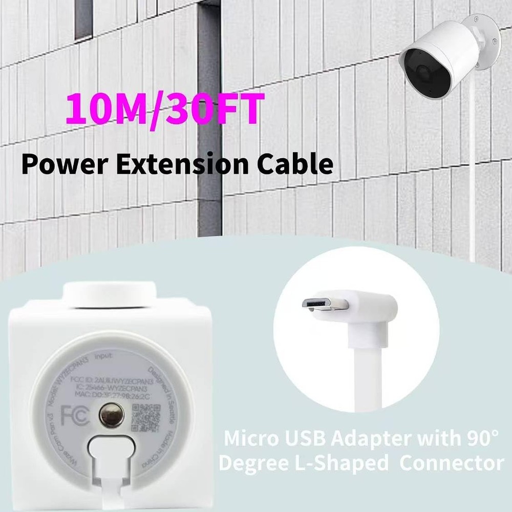 Micro USB Camera Extension Cable for Wyze, [2-Pack, 30ft] Power white