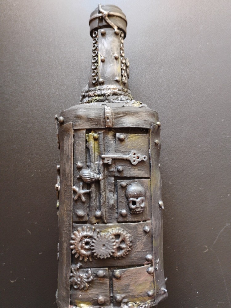 Recycled Mixed Media Original Steampunk Art  Bottle Display Pirate Punk