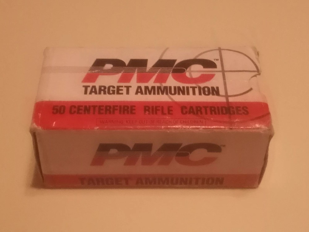 Empty .30 Carbine PMC cardboard ammo box with plastic cartridge insert