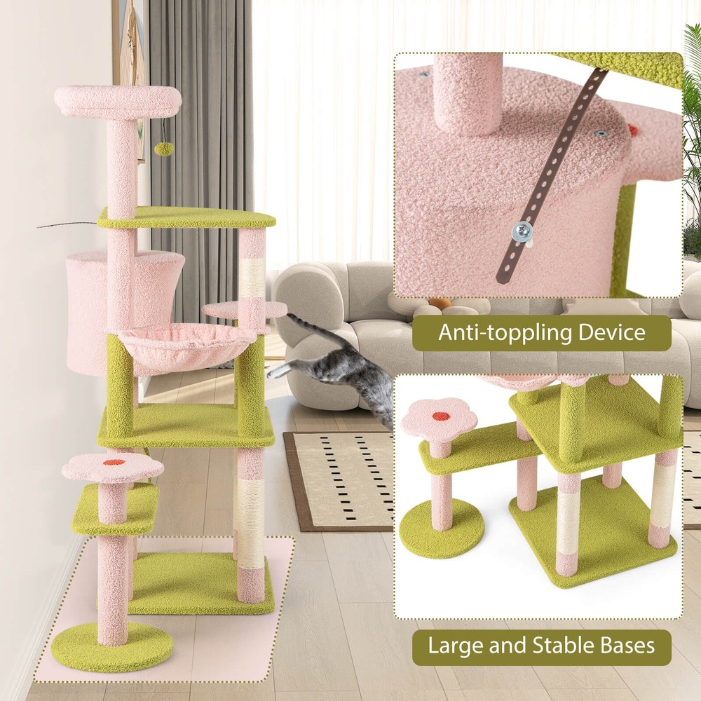 58" Plush Cat Tree Floral Climbing Tree Multi-level Cat Tower w/ Round Basket