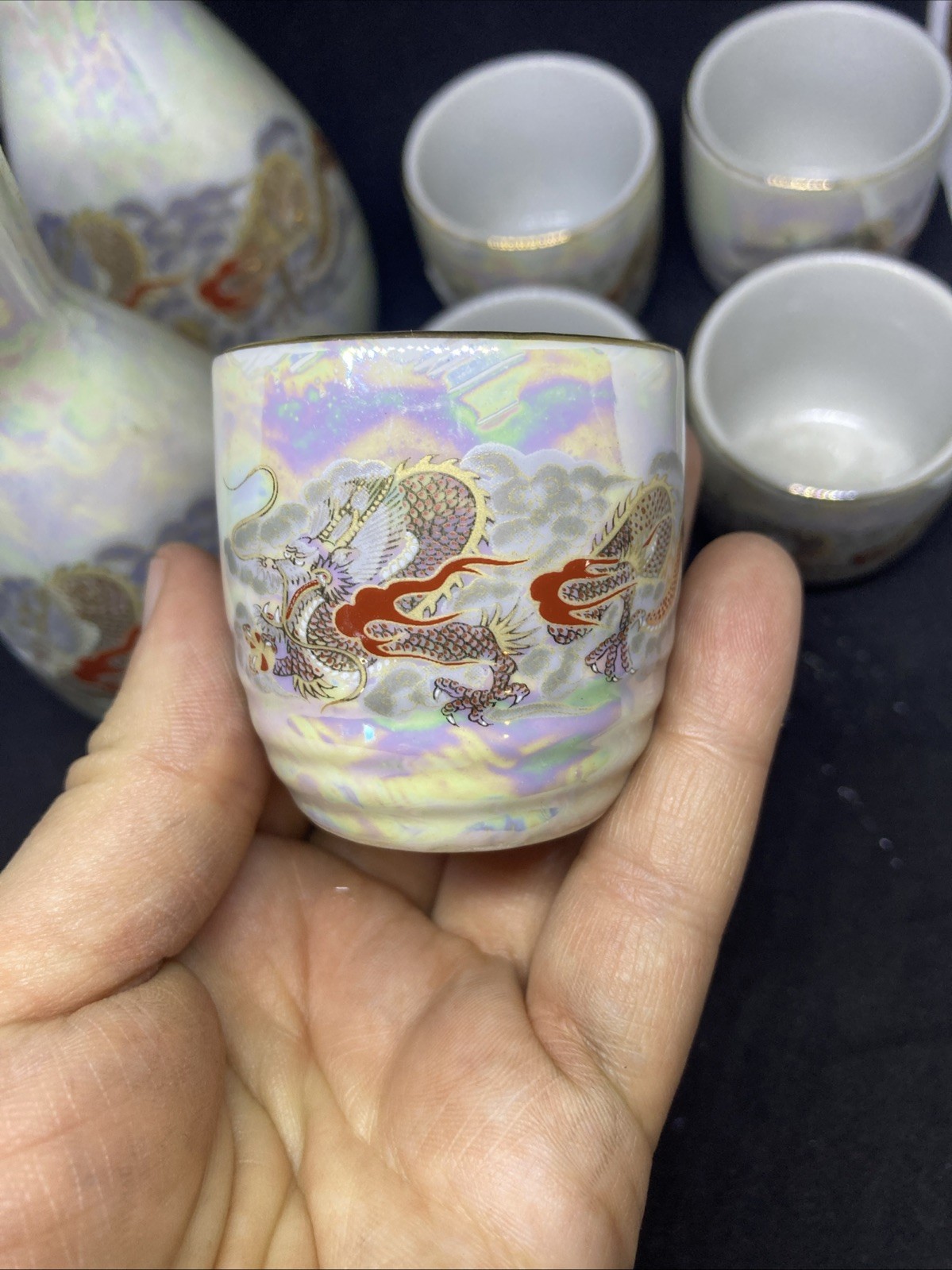 Japanese Fuji Ceramic Sake Set White Golden Drago Gold Trim 7 Piece Set