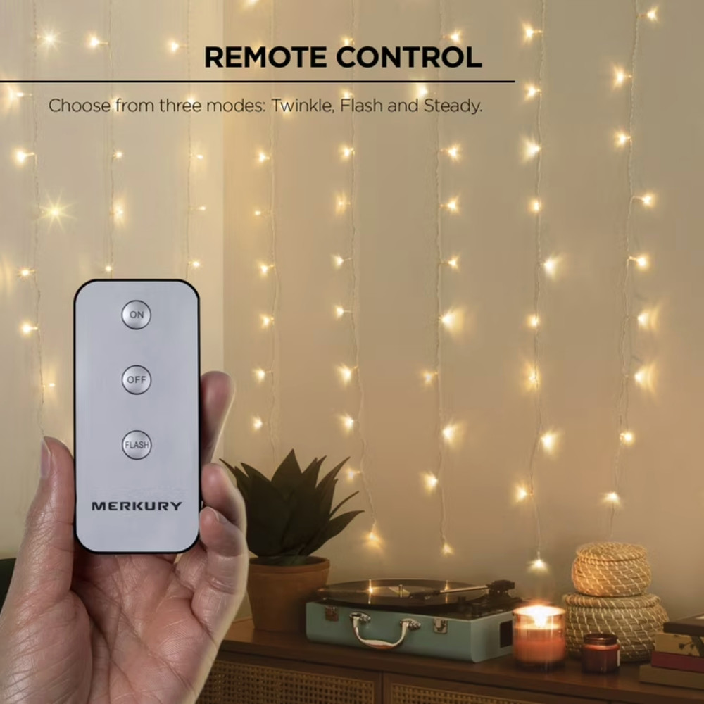 Merkury Innovations 200 LED Curtain String Lights Warm White USB w/ Remote 7ft