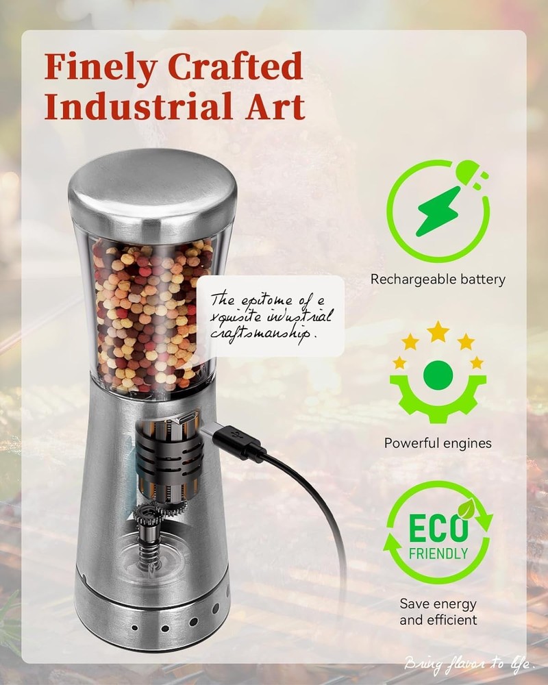 Electric Salt and Pepper Grinder Set with Storage Base, Bright Silver