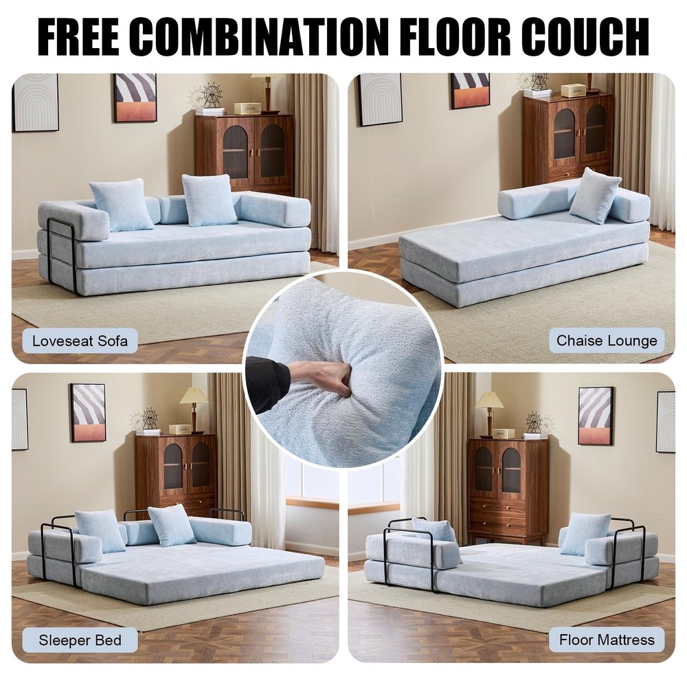 Light Blue Chenille Convertible Floor Sofa Bed W/ Pillow Armrest