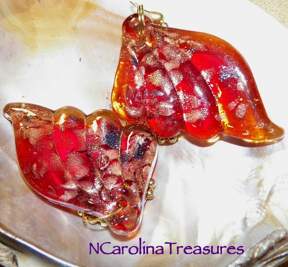 ANGEL WINGS RED COPPER FLAKE MURANO ART GLASS CEILING FAN PULL PULLS LARGE PAIR